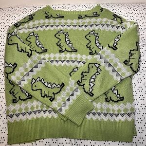 Cartoon dinosaur and geo patter drop shoulder sweater.